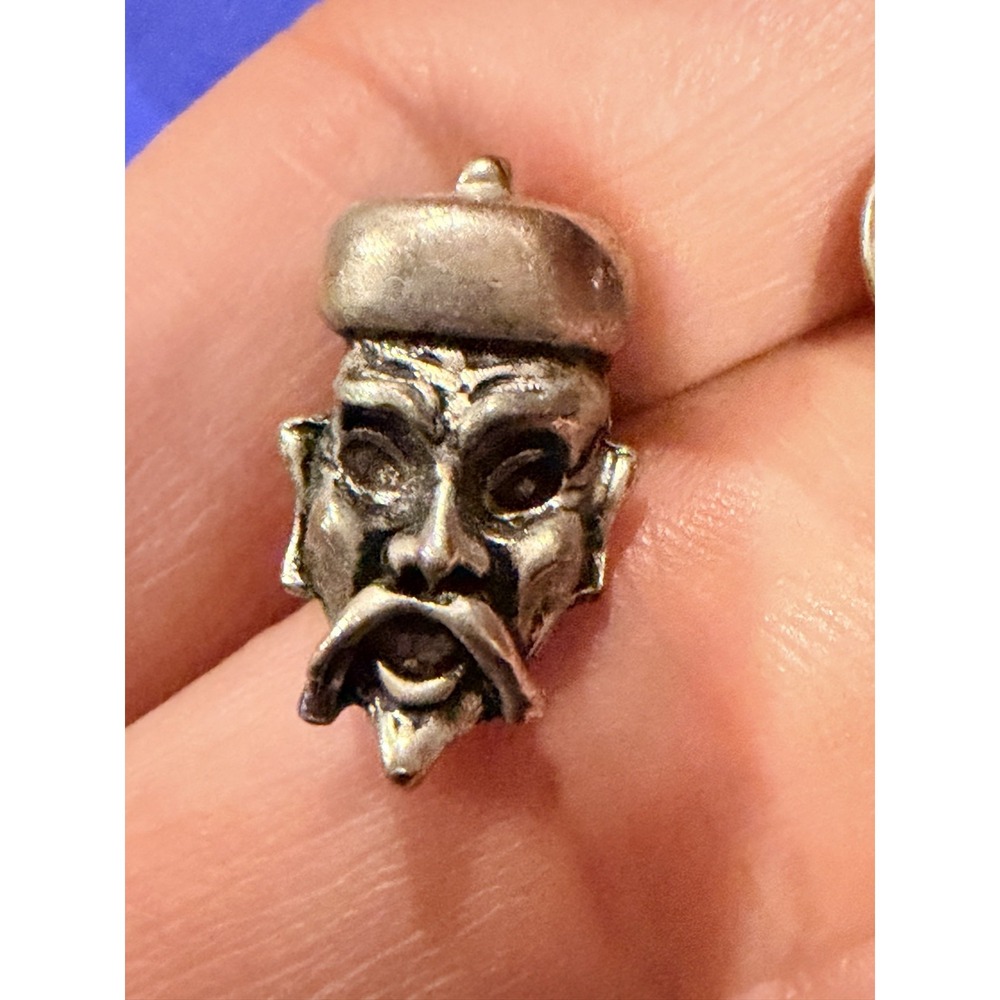 Vtg Silver Tone Figural Asian Man Tie Tack Lapel Pin Fu Manchu Mid Century Mens
